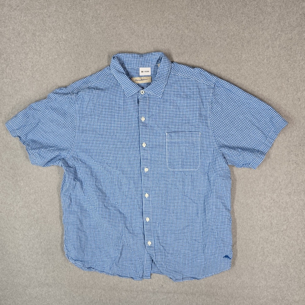 Tommy Bahama Men Button Up Shirt XXL/TTG Blue Cotton Linen Casual Shirt Check